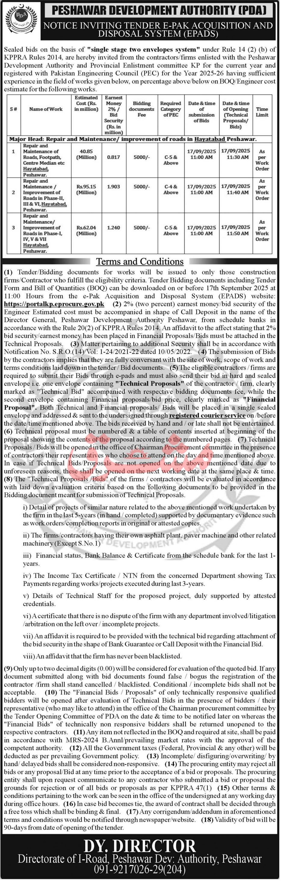Peshawar Development Authority Tender Notice